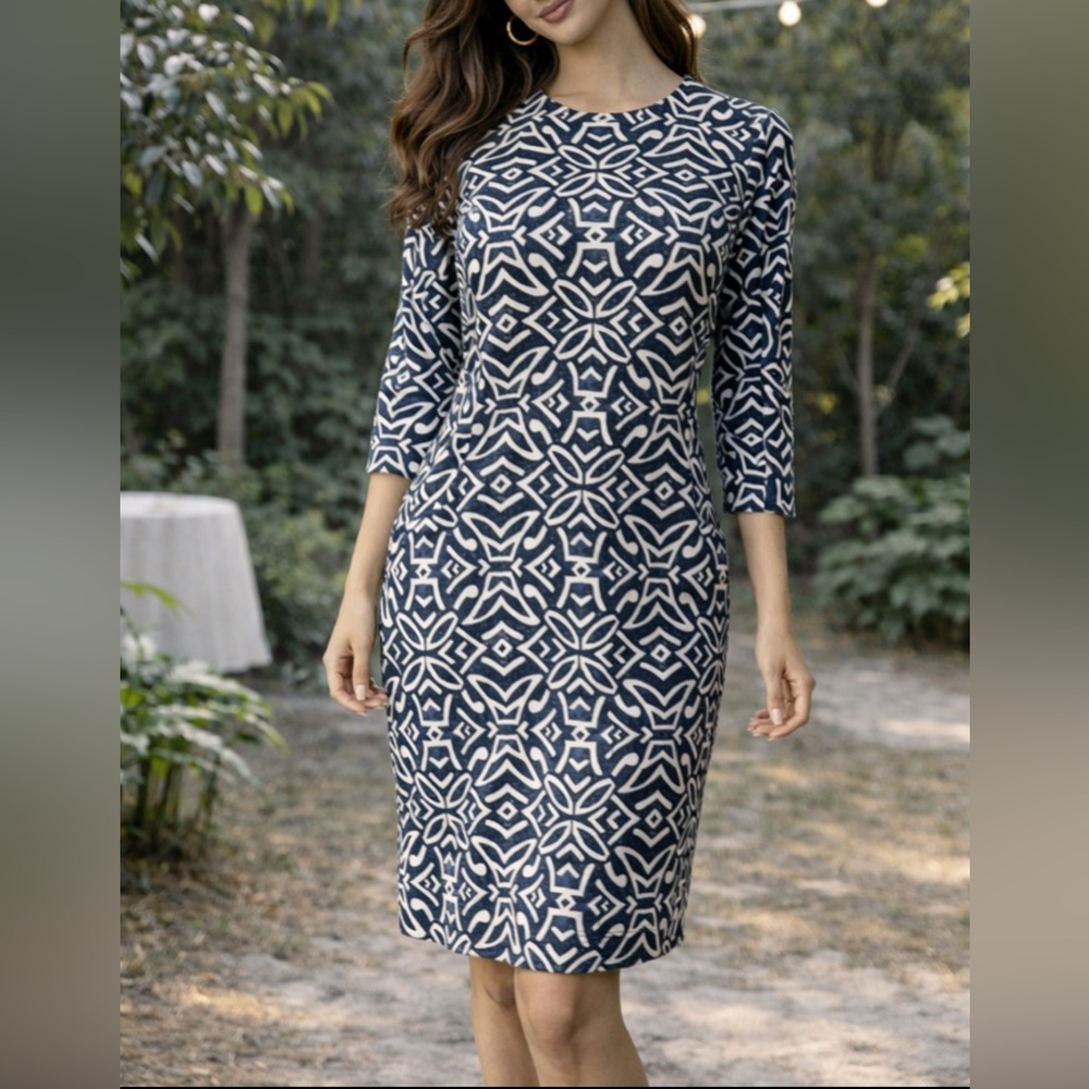 J McLaughlin Catalyst Dress M Medium Blue Cream Nile Geo Pockets NEW NWT